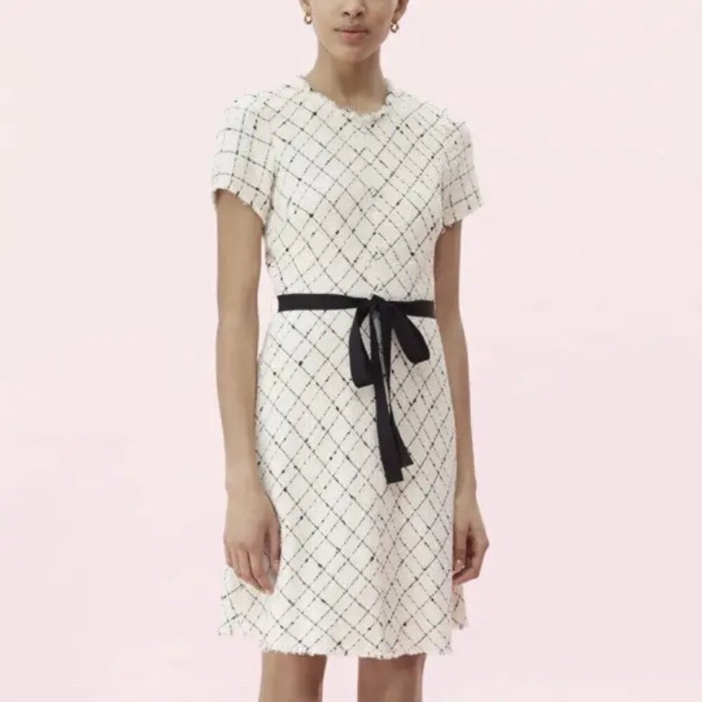 NWT Rebecca Taylor Plaid Tweed Dress Bow Waist Size 0